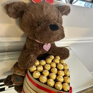 Jumbo Brown Dog Bear Choclate Heart Box - Plush Teddy Bear with 25 Ferrero Rocher Chocolates, Perfect for Valentines Day, Birthdays, Anniversaries