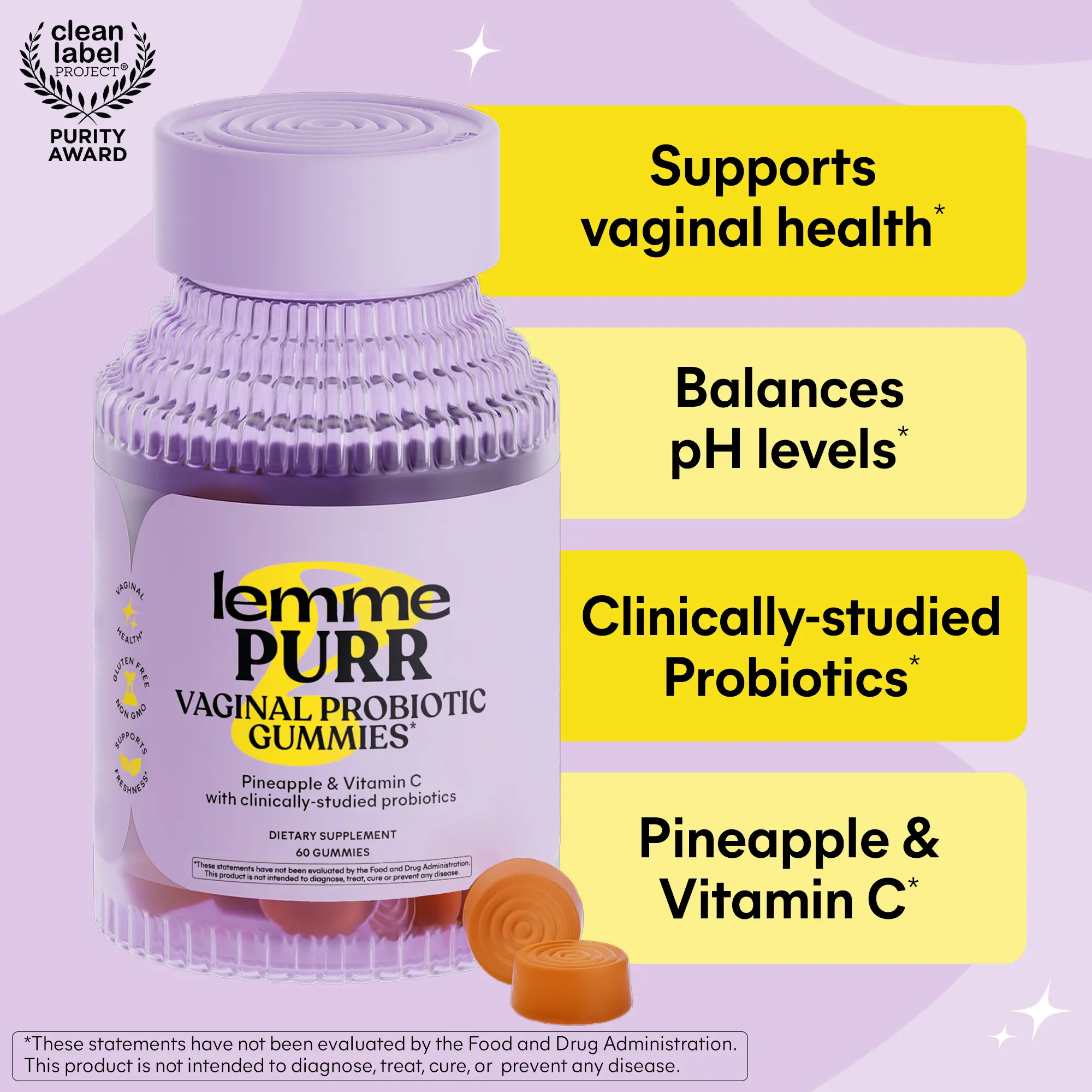 Lemme Purr Gummies - Vaginal Probiotic for Women - Balanced pH, Healthy Odor, Yeast Balance & Flora Support - Tasty Pineapple (60 Count)