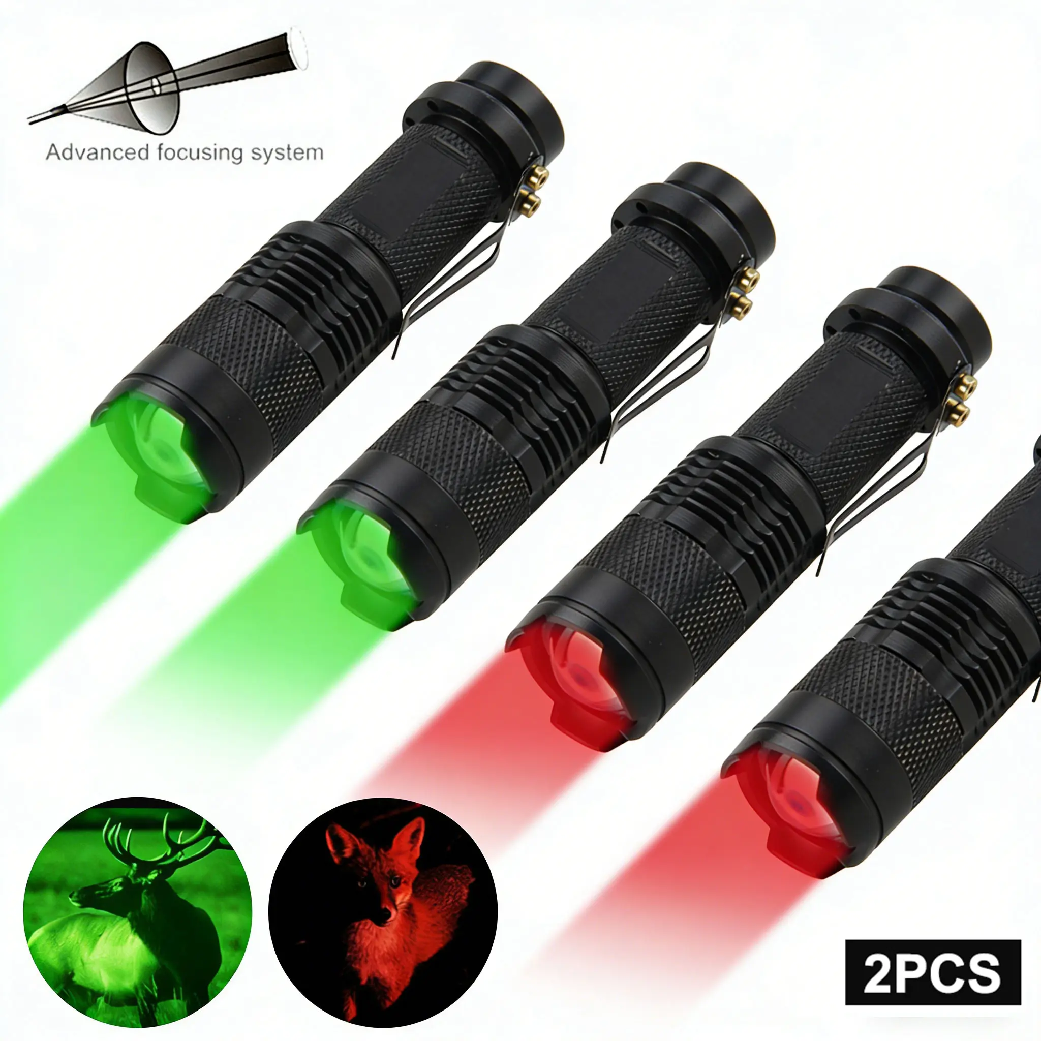 VASTFIRE 2 Zoomable Red/Green/White LED Super Bright High Lumen Portable Zoom Flashlights, Tactical Clip, Adjustable Focus for Night Hunting, Rock Climbing (Batteries Not Included), Super Bright Flashlight, High Lumen Flashlights