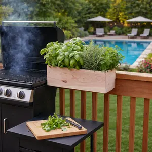 Grill-Side Cedar Herb Planter Box – Railing-Mounted BBQ Barbecue Garden Planters