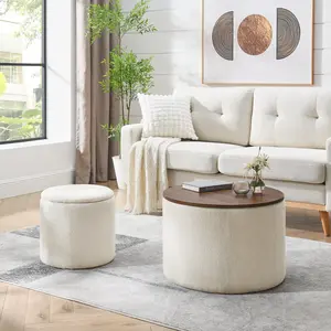 FLASH SALE! ️ 2-Piece Round Chenille Storage Ottoman Set with Drum Stool & Table Top | MULTI-FUNCTION Hidden Storage Footrest, Coffee Table, Extra Seating | NO ASSEMBLY Living Room, Bedroom Furniture | Small Space, Apartment Must-Have |