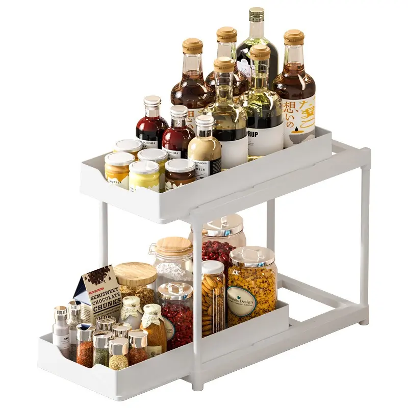 2 Pack 2 Tier Under Sink Organizer with Pull Out Sliding Drawers, Multi-Purpose Storage Shelf for Kitchen, Bathroom, Laundry, Office, Countertop Cabinet, Spice Rack, Anti-Slip Design