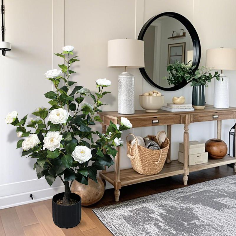 2 pcs of artificial camellia tree with built-in flower pot, 35.43 inch green plant potted plant suitable for indoor, outdoor, courtyard, porch decoration