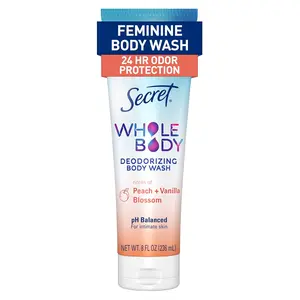 Secret Feminine Wash, 24 HR Deodorizing Feminine Body Wash for Women, Removes 6x Causes of Odor, PH Balanced, Safe to Use Everywhere, Peach & Vanilla Blossom Scent, 8.0 oz