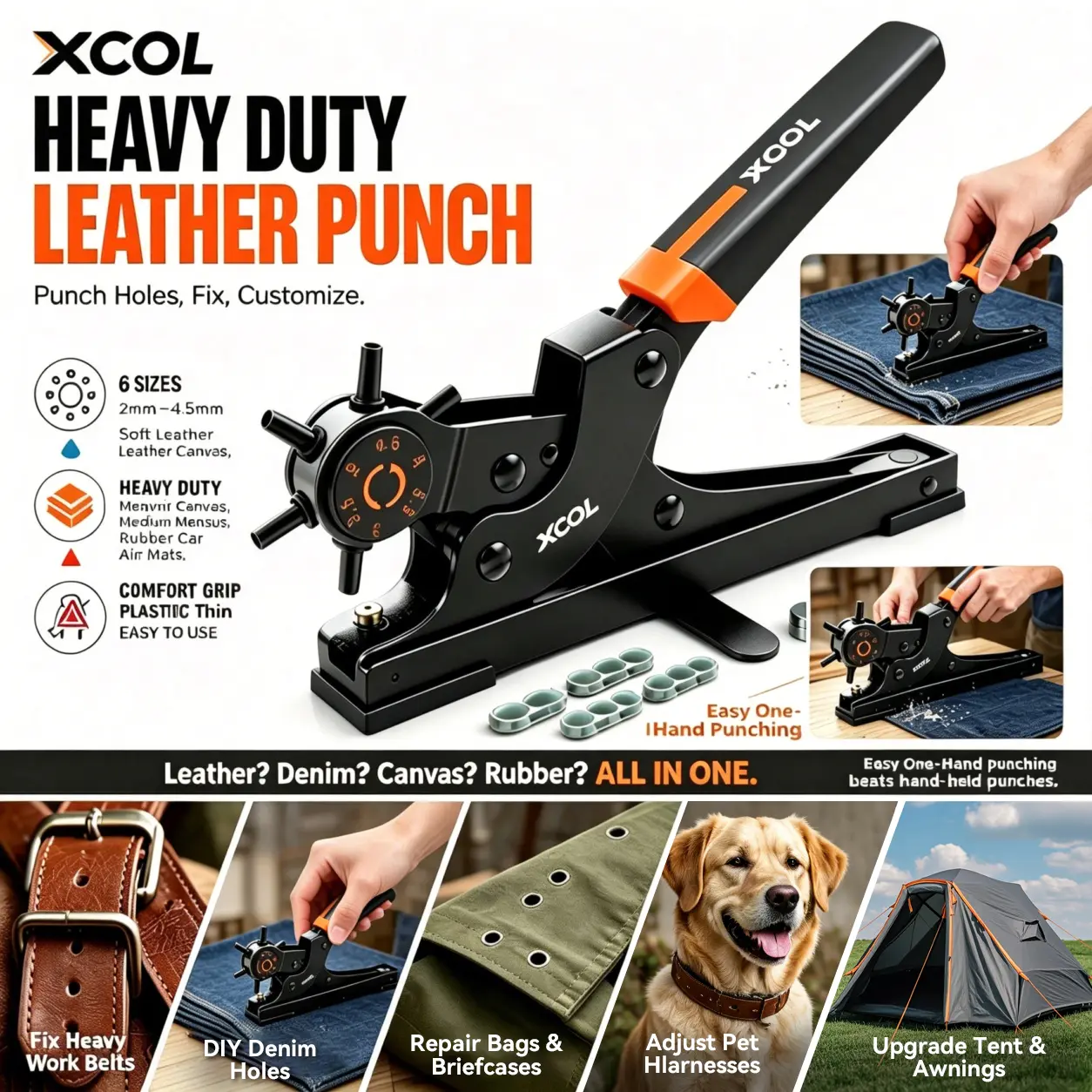 XOOL Revolving Punch Plier Kit, Leather Hole Punch Set for Belts, Watch Bands, Straps, Dog Collars, Saddles, Shoes, Fabric, DIY Home or Craft Projects, Heavy Duty Rotary Puncher, Multi Hole Sizes Make