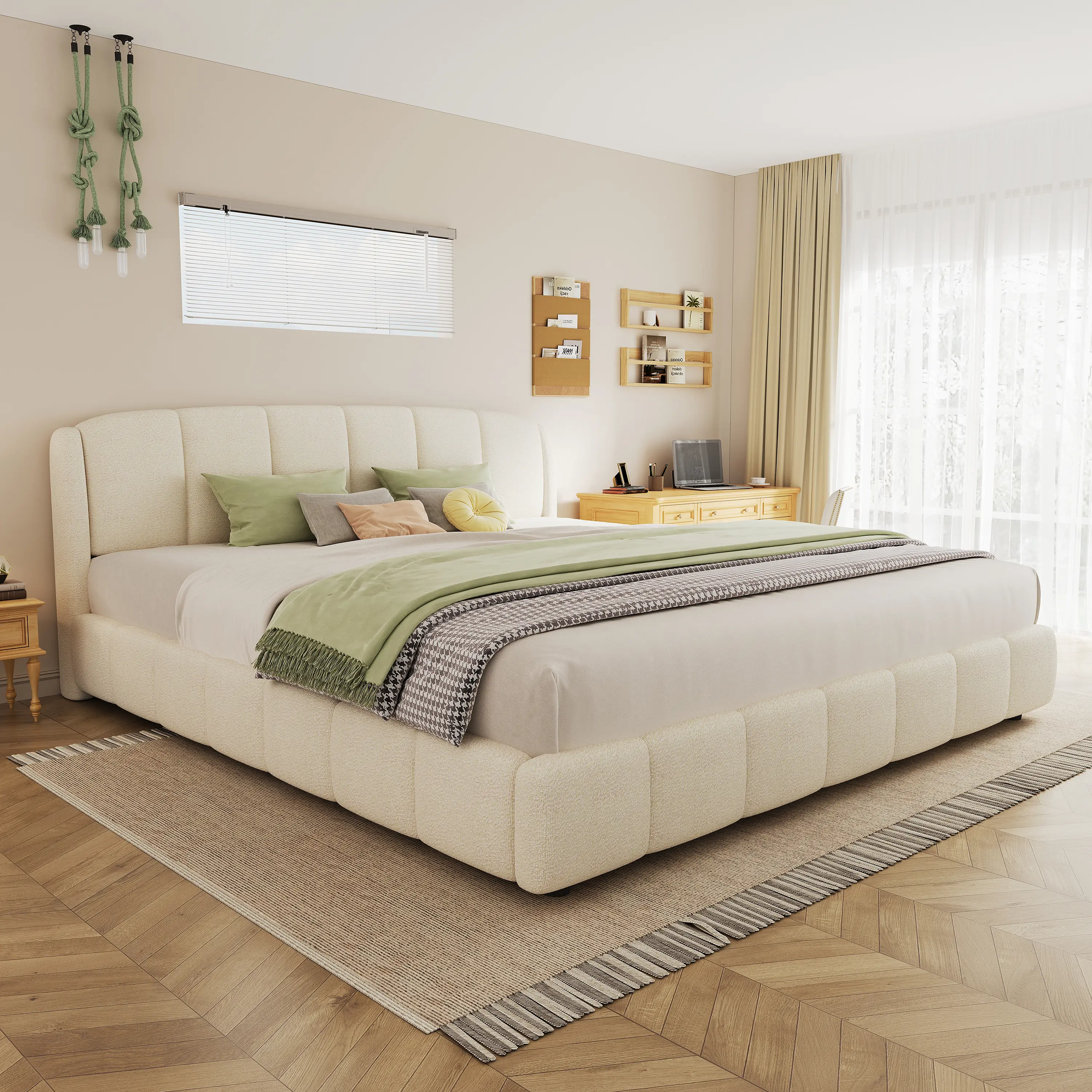 King Size Platform Bed with Boucle, Soft Boucle Fabric Upholstered Platform bed with Curve-Shaped Design Headboard, Beige