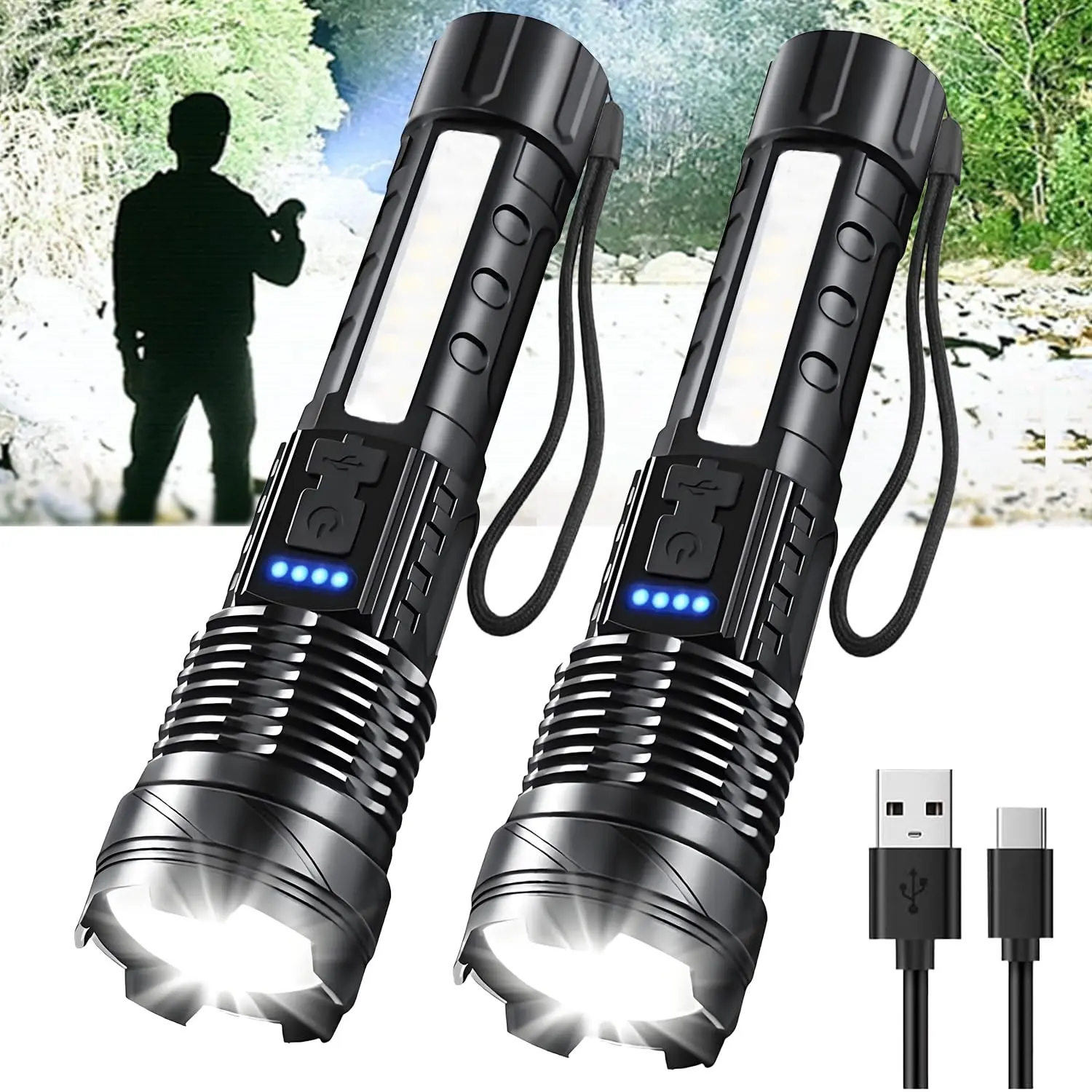 【Summervibes】2 PCS Strong Light Flashlight, Outdoor Strong Light Flashlight USB Rechargeable 1500 Lumens, Flashlights with 8 Lights Modes,Flashlights for Camping Home Emergencies