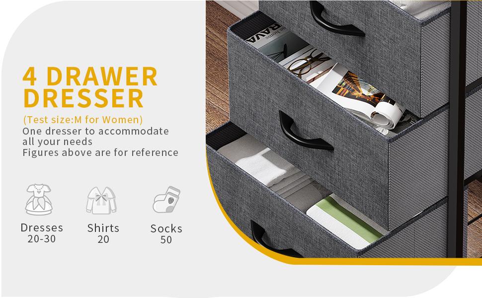 Yitahome Storage Tower with 4 Drawers - Fabric Dresser, Organizer Unit for Bedroom, Living Room, Closets & Nursery - Sturdy Steel Frame, Easy Pull Fabric Bins & Wooden Top (Black/Grey)