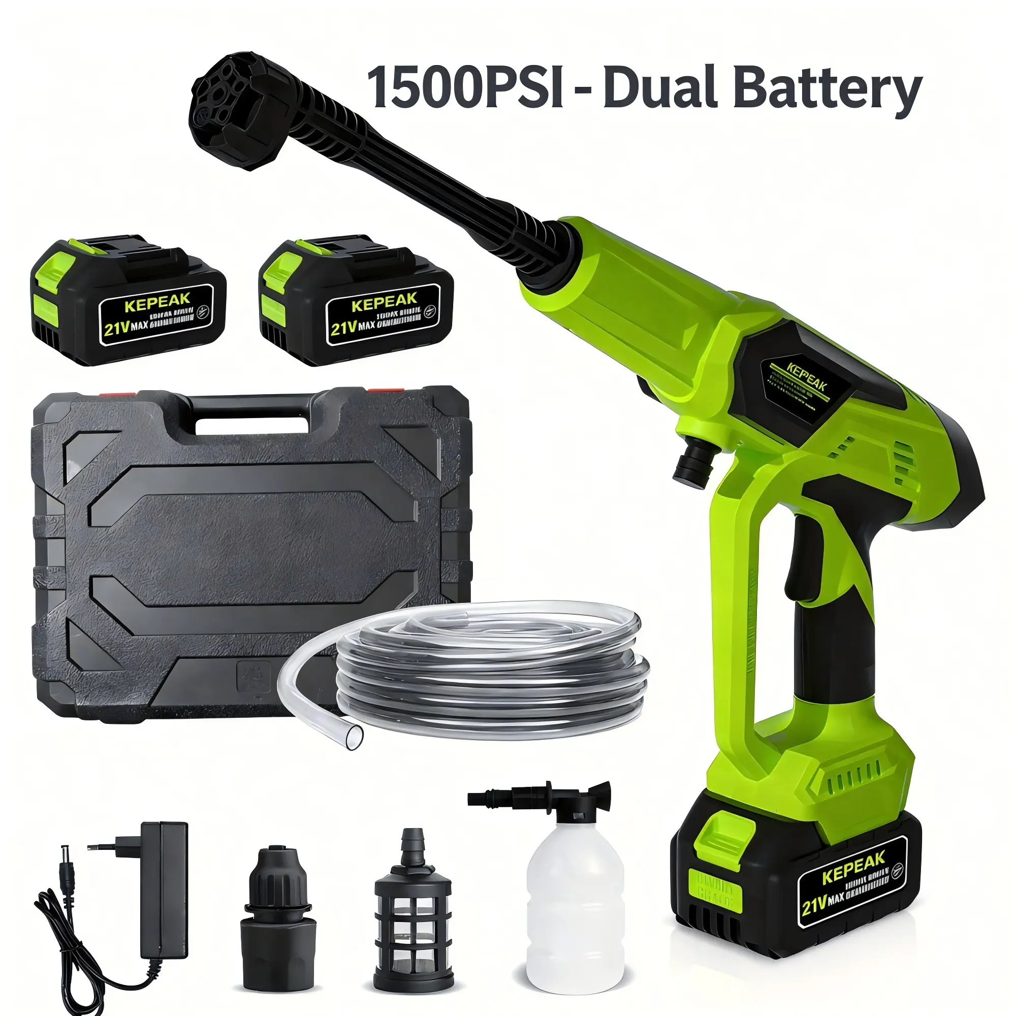 KEPEAK 21V Cordless Pressure Washer, 1500PSI Portable Wireless Power Washer Gun with 6-in-1 Nozzle, Foam Cannon, Hard Storage Case, Battery Powered Car Wash Machine for Car, Patio, Garden Cleaning