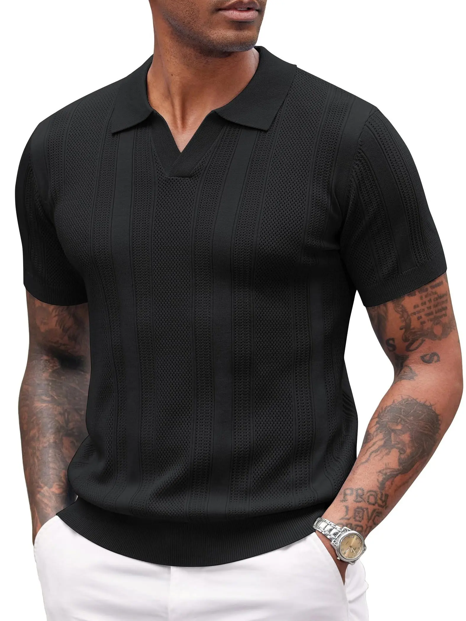 COOFANDY Mens Knit Polo Shirts V Neck Textured Polo Shirts Short Sleeve Breathable Polo Casual Collared T Shirt Fashion Tops