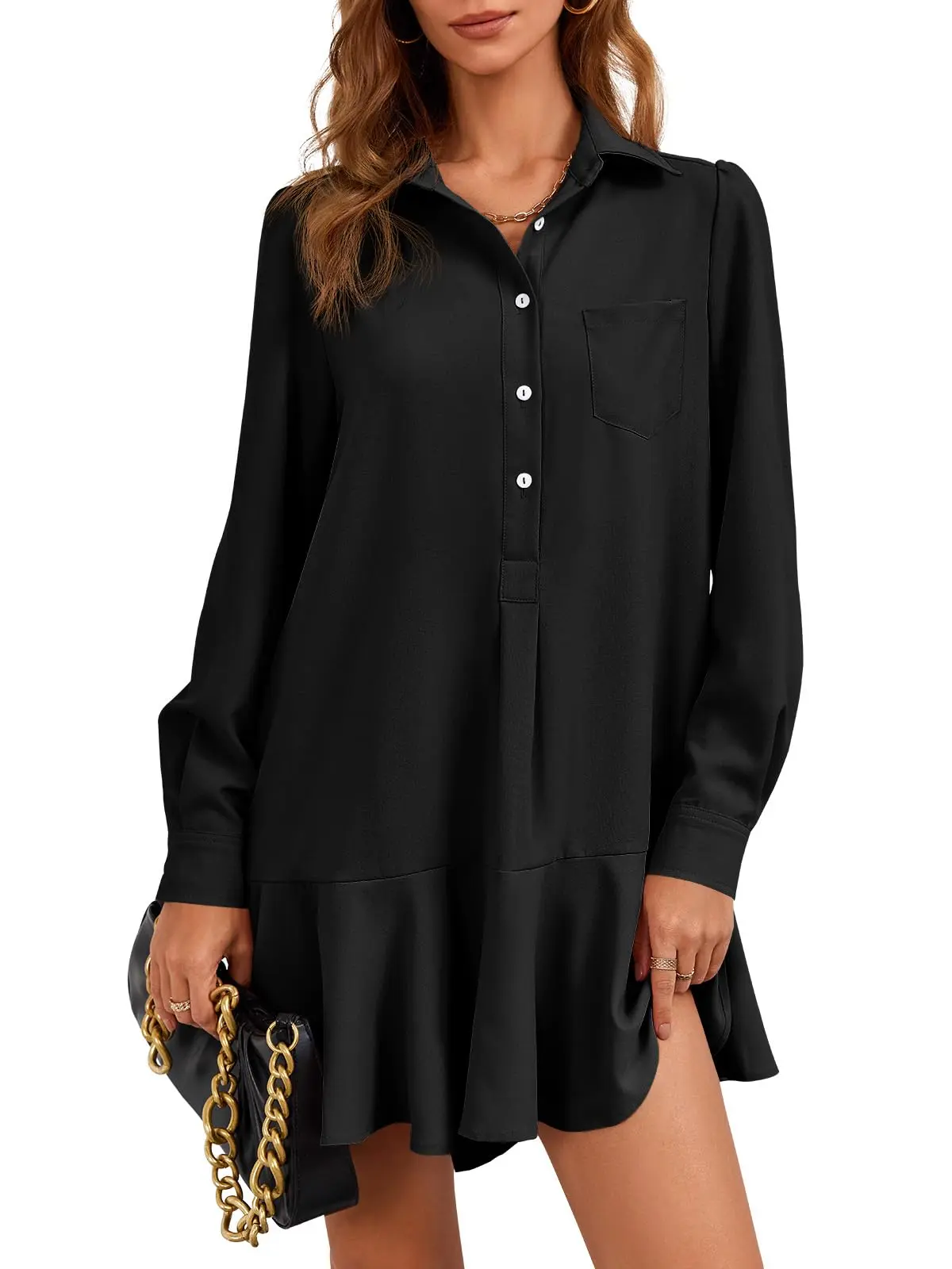 Wenrine Women's Comfy Casual Button-Down Shirt Dress - Long Sleeve, Collared, Pleated, Drape Swing Mini Dress with Pocket, Minimalist Casual Wear