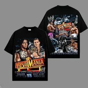 WWE Shawn Michaels vs Bret Hart Wrestle Mania 17 Washed T-Shirt | Vintage Graphic Design | Iconic Wrestling Print | Classic Fan Apparel Cotton Fabric