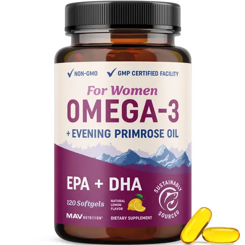 MAV Nutrition Fish Oil Omega 3 Supplements for Women 600MG DHA EPA 800MG Evening Primrose Oil Heart Health Hormone Balance Skin Wellness Support 120 Ct Lemon-Flavored Softgels