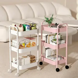 3-tier metal wheeled storage cart—kitchen storage cart, bathroom wheeled cart, with casters, suitable for narrow spaces and bedside use, available in pink and white.