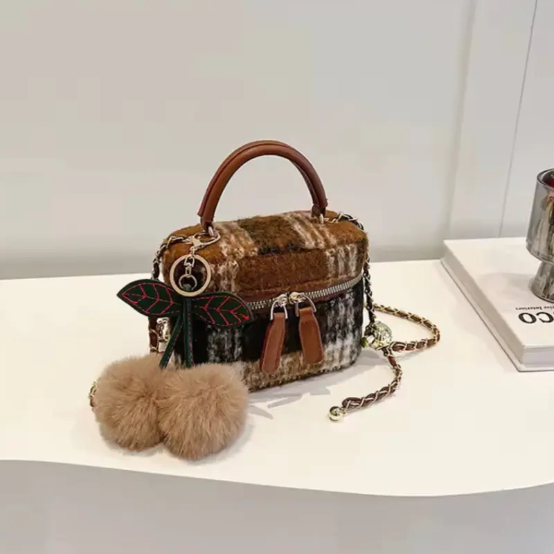 Luxury Plaid Faux Fur Mini Handbag with Chain Strap & Pom Pom Charm