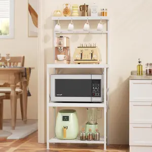 Kitchen Baking Rack with Storage Shelf, Small Coffee Bar Cart with 8 Hooks, 4-Tier Microwave Rack Stand with Adjustable Shelf, Freestanding Kitchen Appliance Storage Rack, White