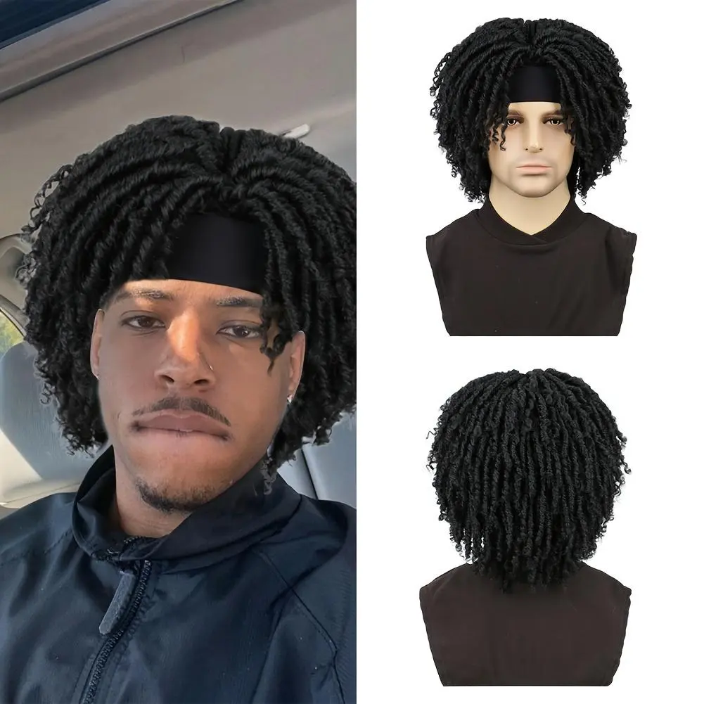 Male Adults' Synthetic Braided Curly Hair Dreadlock Wig with 6-inch Sporty Headband, Faux Locs for Everyday Wear (1 Size)