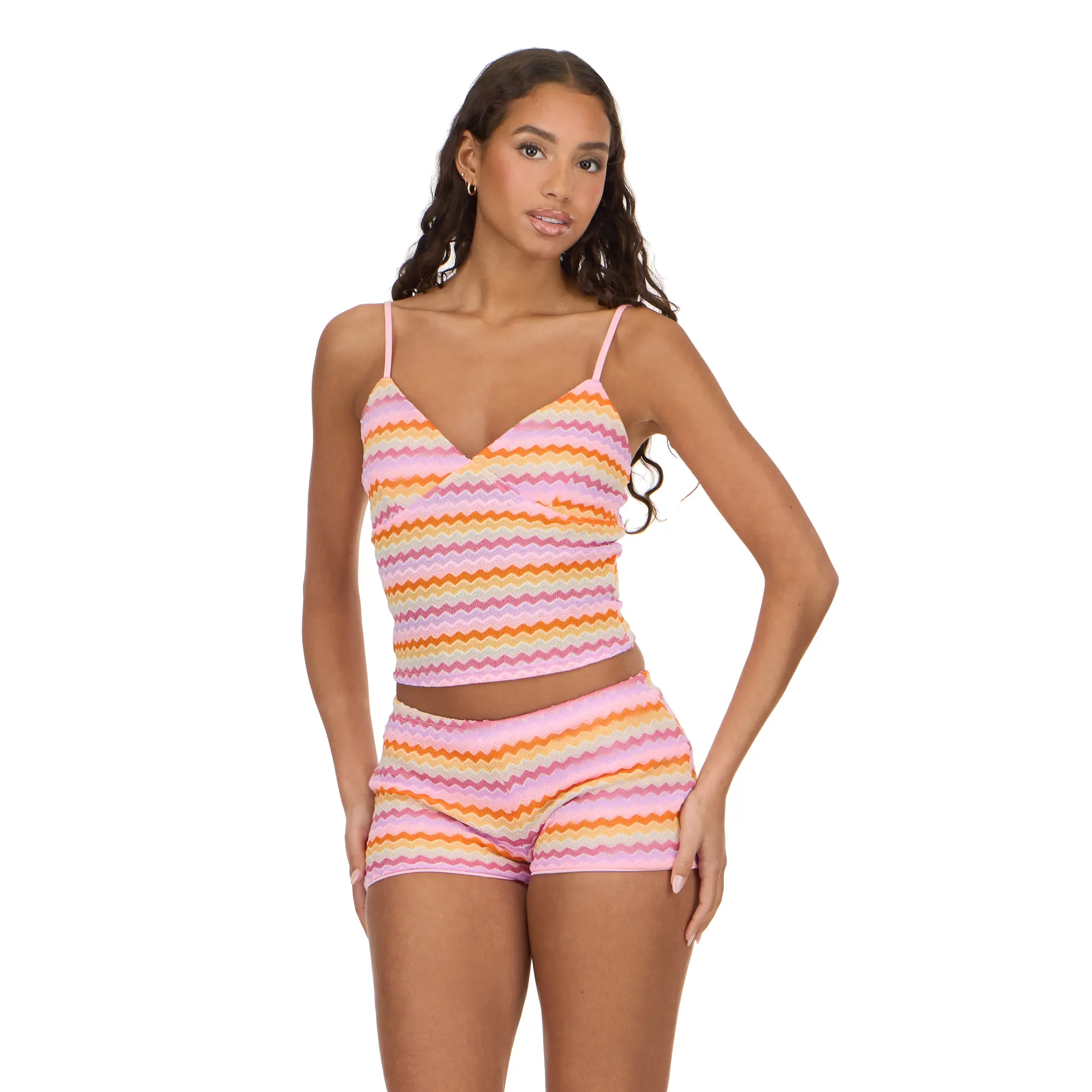 Forever 21 Women's Fitted Slim Matching Zig-Zag Stripe Knit 2-Piece Set - Comfortable Colorful Spaghetti Strap Tank Top and Casual Mini Top Shorts, Striped, Sleeveless, Breathable, Lightweight, 2 Piece Sets Women, Fabric, Leisurewear Short & Top Sets