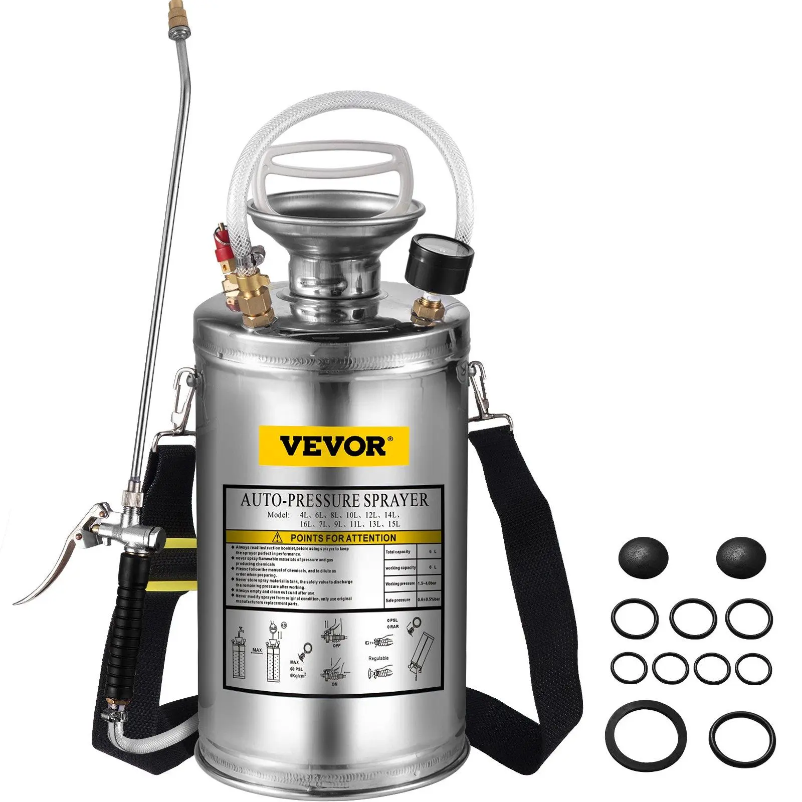 【FathersDayGift】VEVOR Stainless Steel Sprayer, Set with Wand& Handle& Reinforced Hose, Hand Pump Sprayer with Pressure Gauge&Safety Valve, Adjustable Nozzle Suitable for Gardening& Sanitizing VEVOR Super Brand Day