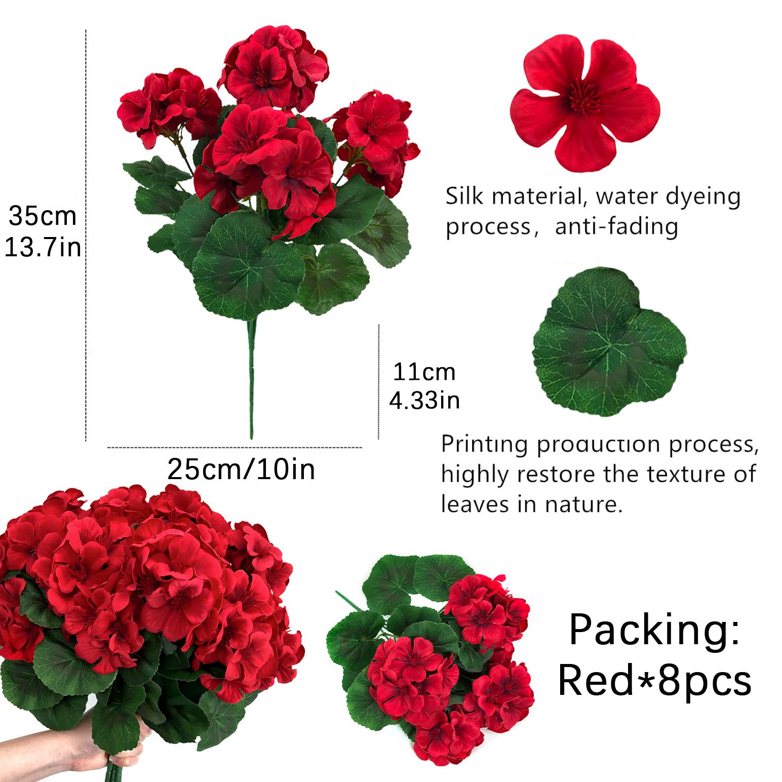 Bunch of 8 13.77 inches Artificial Geranium Flowers, Red Artificial Flowers, Silk Geranium Flowers, UV Resistant Garden Plants for Outdoor, Yard Decoration, Home, Kitchen, Table Decoration