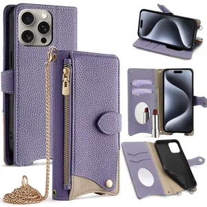 Luxury Crossbody Wallet Case for iPhone 13, 14, 15, 16 Series with Makeup Mirror