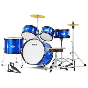 【Summervibes】VEVOR Kids Drum Set,  5-Piece, 16 in Beginner Full Drum Set with Bass Toms Snare Floor Drum Adjustable Throne Cymbal Hi-Hat Pedal and Two Pairs of Drumsticks, Starter Drum Kit for Child Kids, Blue