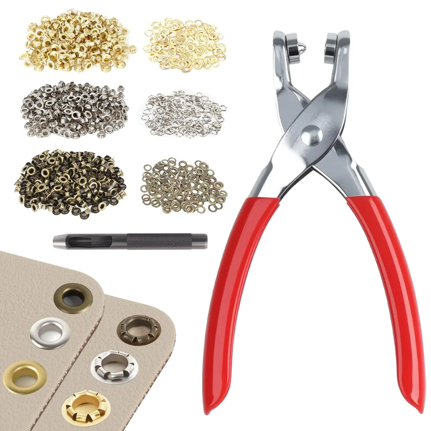 1203Pcs Grommet Tool Kit, 1/4 Inch 6mm(Inside Diameter) Grommet Eyelet Pliers Kit with 1200 Metal Eyelets with Washers(Gold, Silver and Copper), Eyelet Kit for Fabric, Leather, Shoes, Belt, Crafts