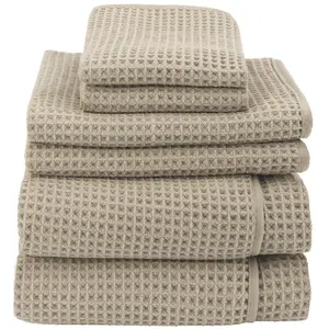 S&T INC. Aura Towel Set, 6 Piece Set, Premium Waffle Weave, Bath Towels, Wash Cloths and Hand Towels for Bathroom, Kitchen, and Home, Absorbent and Fast Drying Microfiber, 420gsm, 6 Pack, Beige