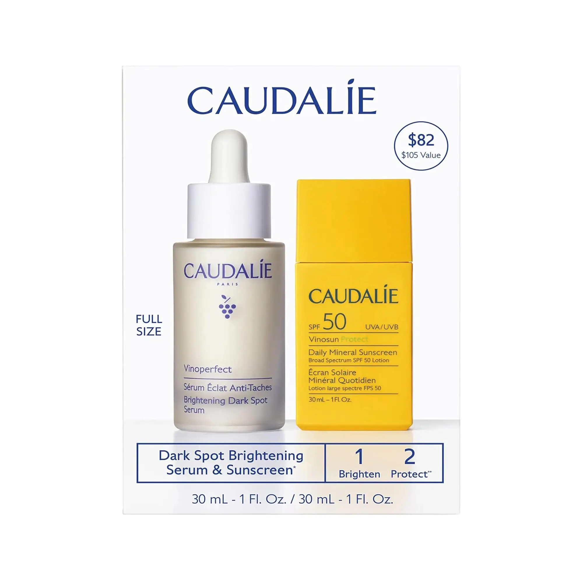 Caudalie Vinoperfect Brightening Serum & Mineral Sunscreen SPF 50 Set, Daily Radiance Skin Care Duo with Viniferine, Gentle for All Skin Types, Skin Care Products, Beauty Products
