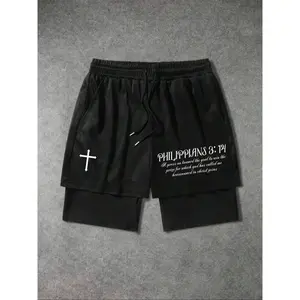 Men's Letter Print Cross Charm Shorts, Regular Fit Casual Fashion Comfy Shorts for Summer, Men's Bottoms for Daily Wear, Letter Patched Shorts