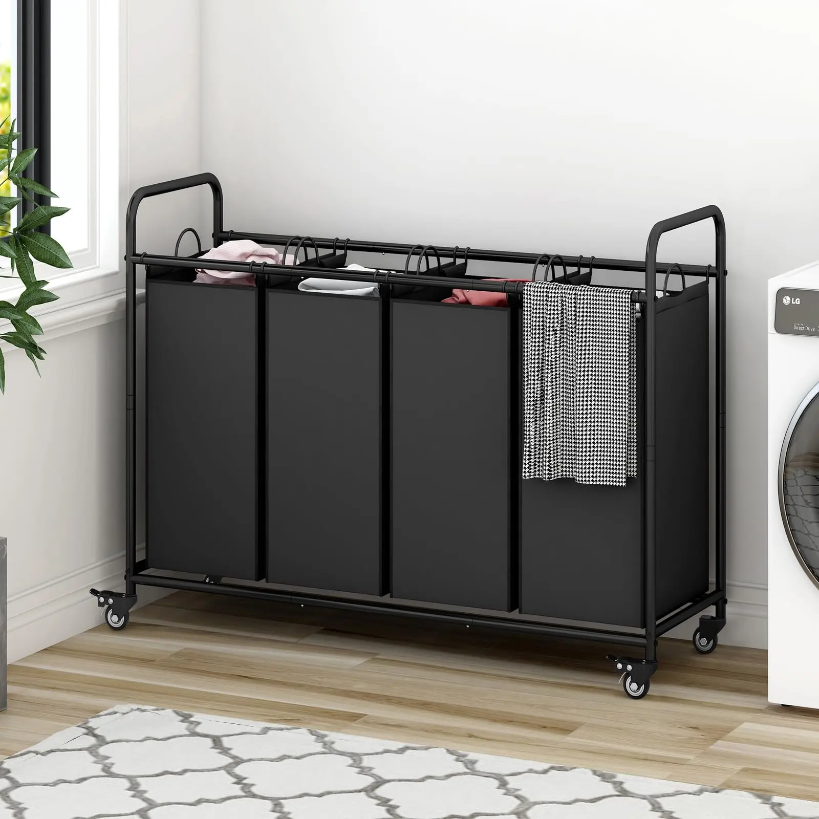 SUOERNUO 4-Bag Laundry Basket Sorter Cart - Laundry Organizer Household Items with Heavy-Duty Lockable Rollers, Removable Bags, Metal Handles, Reinforced Round Pipes for Garage, Trash Can Use & Simple Lifting