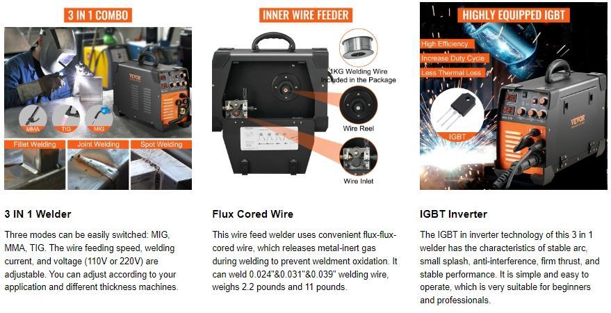 VEVOR MIG Welder, TikTokShopBlackFriday, 130-270A Flux Core Welder, 3 in 1 Combo MMA/MIG/LIFT TIG Welder Machine, Portable MIG-130 Welding Machine IGBT Inverter, Automatic Wire Feeding Welder for Stainless Steel VEVOR MIG Welder, TikTokShopBlackFriday, 130-270A Flux Core Welder, 3 in 1 Combo MMA/MIG/LIFT TIG Welder Machine, Portable MIG-130 Welding Machine IGBT Inverter, Automatic Wire Feeding Welder for Stainless Steel