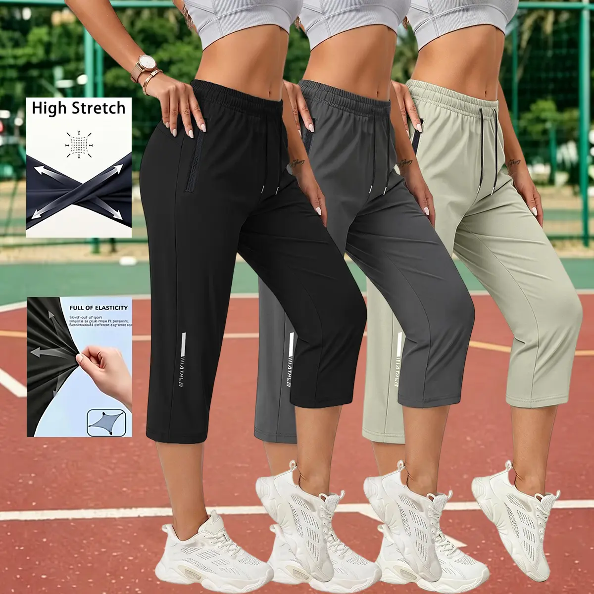 Pack of 3 women’s casual, comfortable loose pants—ideal for summer beach trips and vacations; feature pockets, stretchy fabric, and a summery style; women’s seven-eighths length. Activewear/Casual Wear