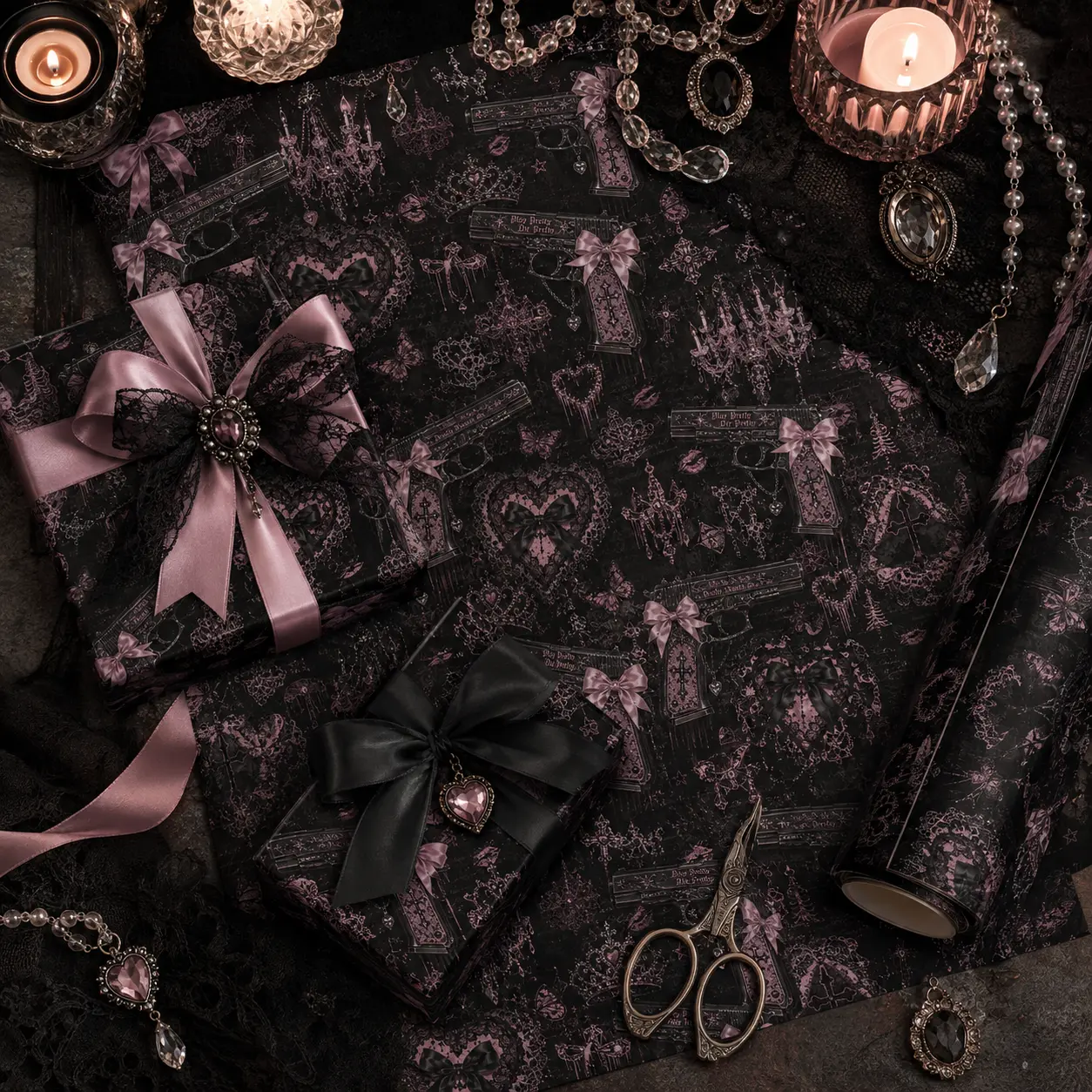 Pink Gothic Coquette Gun & Chandelier Gift Wrapping Paper Sheet - Spooky Cute Ribbon Lace Cross Collage Wrap for Birthday Valentines Day Halloween
