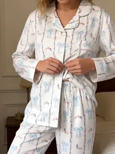 Women's Cute Blue Bow Print Floral White Pajama Set Soft Long Sleeve Sleepwear HomeWear Loungewear PJ Womenswear Pyjamas Valentines Gift PJ Party Bridal Pajamas for Getting Ready Bridesmaid Wedding Morning Galentine‘s pajamas Homewear for Mother's Day