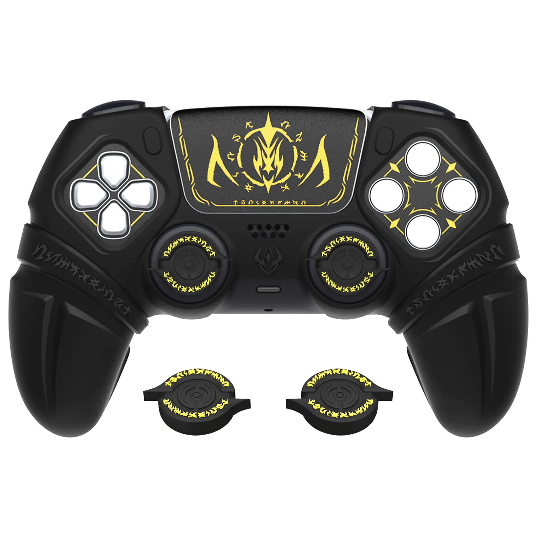 PlayVital Runes Edition Silicone Cover Skin for PS5 Controller with Thumb Grips & Touchpad Skin & D-pad Area Sticker, Compatible with PS5 Charging Dock - Black
