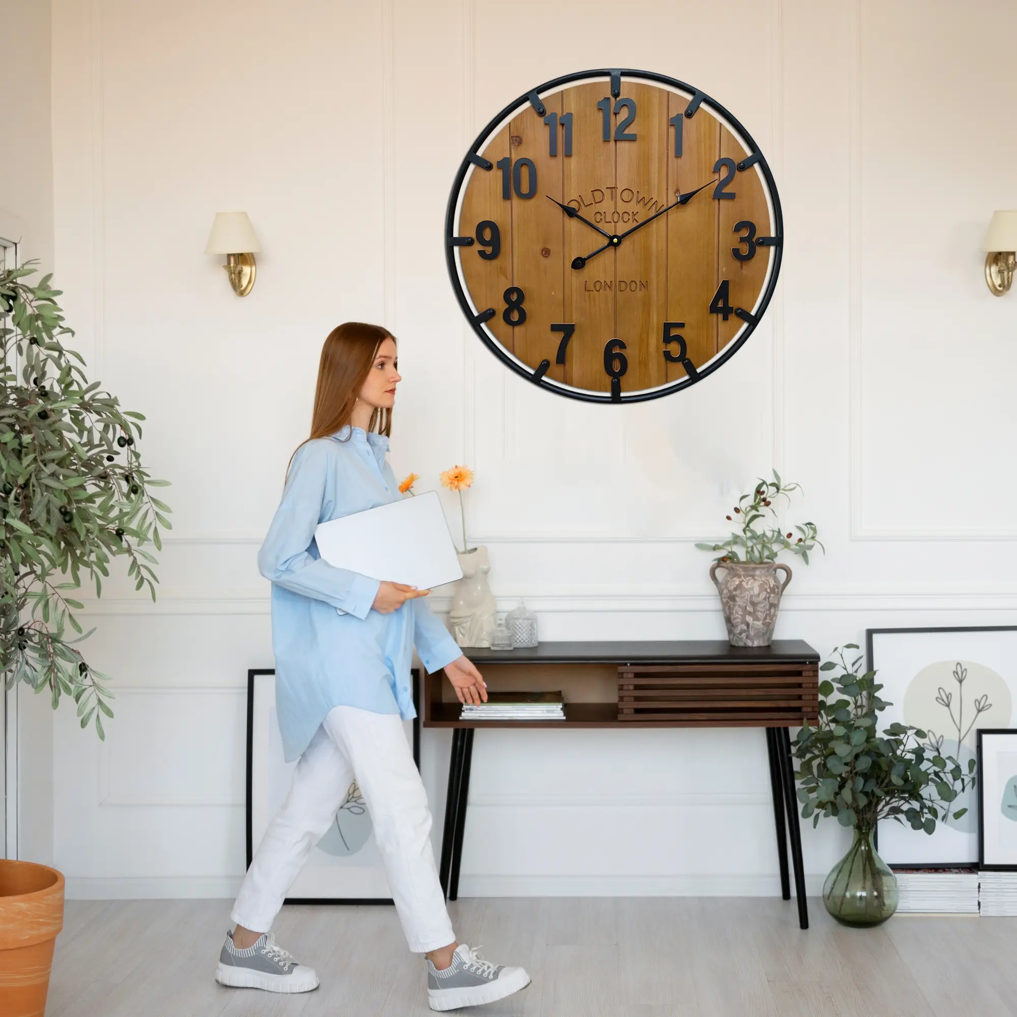 Oversized Metal Frame Rustic Farmhouse Wood Decorative Clock with Arabic Numbers for Living Room Wooden Wall