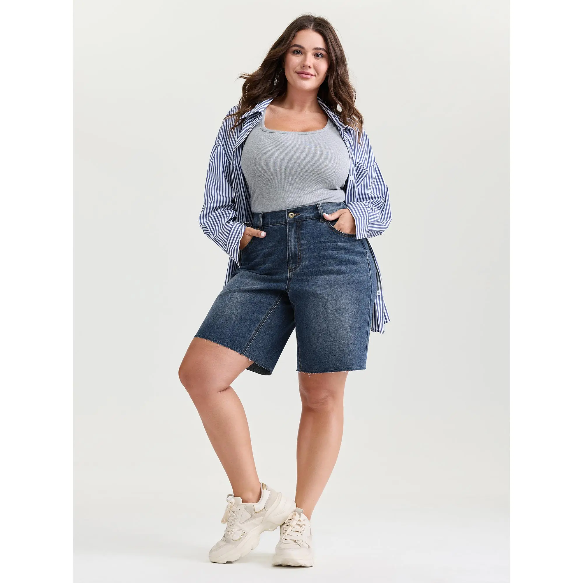 BloomChic Plus Size Wide-Leg Denim Shorts, Mid-Rise Pull-On with an Elastic Waist and Pockets, Medium Stretch Denim, Bottoms, Pocket, Fabric, Women, Denim Indigo