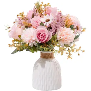 Fake Flowers in Vase, Artificial Pink Flowers in Vase for Decoration Faux FLowers in Vase Realistic Pink Fake FLowers with Vase for Home Decor Indoor Dining Table Centerpiece (Flowers and Vase)