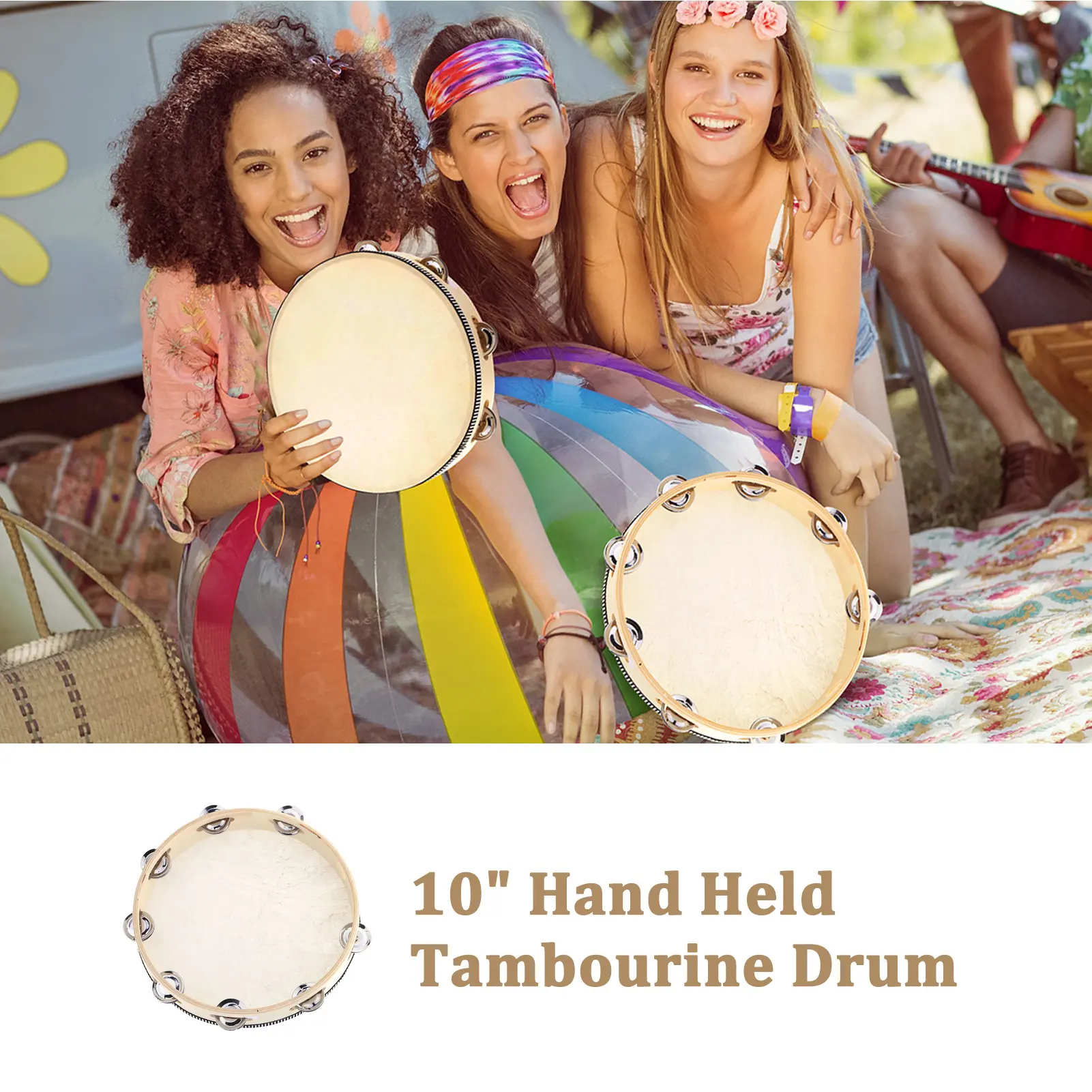 10" Hand Held Tambourine Drum Bell Birch Metal Jingles Percussion Musical Educational Instrument for KTV Party Kids Games