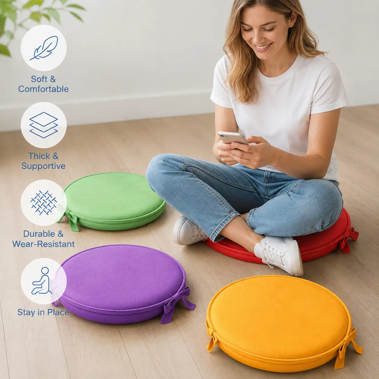 1 Count, Round Seat Cushion with 1.8cm Thick Foam, Fastening Straps, Wear Resistant, for Indoor Home Chairs and Outdoor Lawn Use