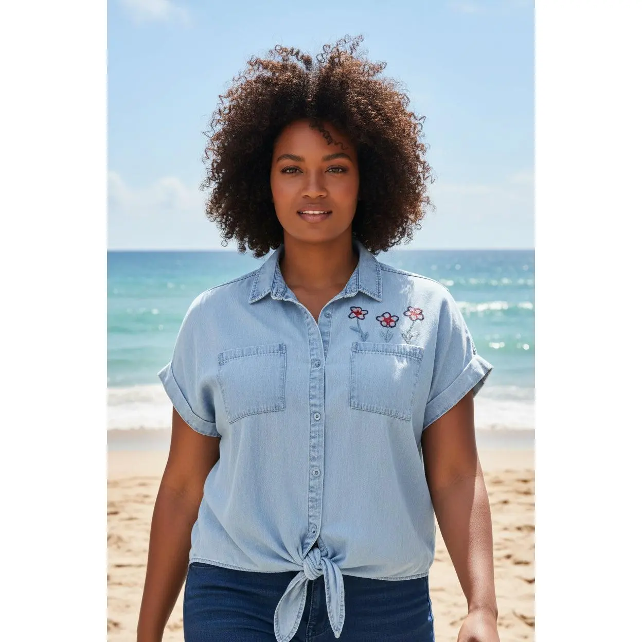 L/XL -  Upcycled Lightweight Denim Shirt with Handmade Flower Appliqué | Cottagecore Slow Fashion