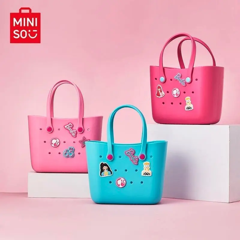[Crochet Bag with Accessories]Miniso BARBIE Water-Resistant Tote Bag - Recycled, Adjustable Handle Flip Beach Bag, Mom Gift, Summer Vacation Must-Have for Swim, Work, Back To School
