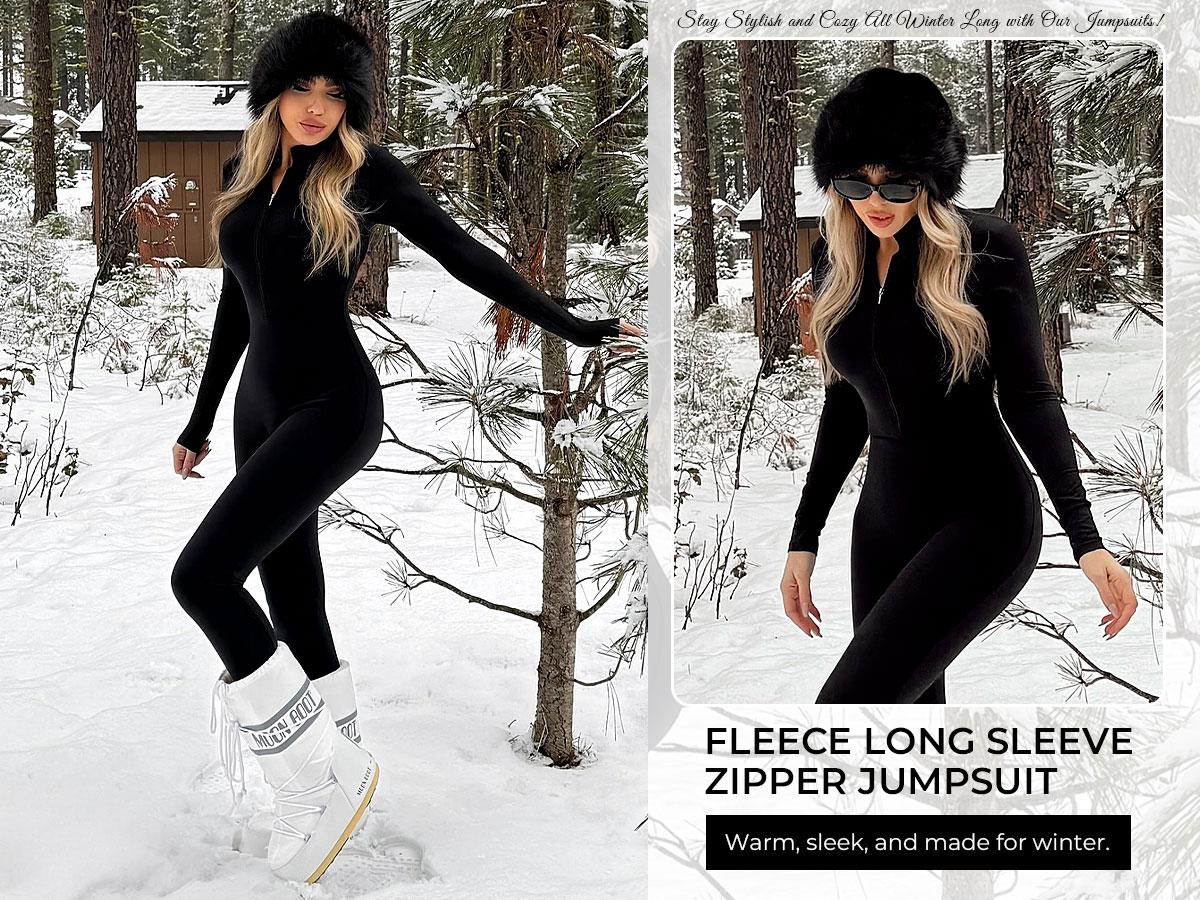 YEOREO Women's Solid Zip Up Jumpsuit Casual Sporty Long Sleeve Jumpsuit for Skiing Cycling Ladies Sportswear for Fall & Winter Athletic Style Activewear Workout Gym Clothing