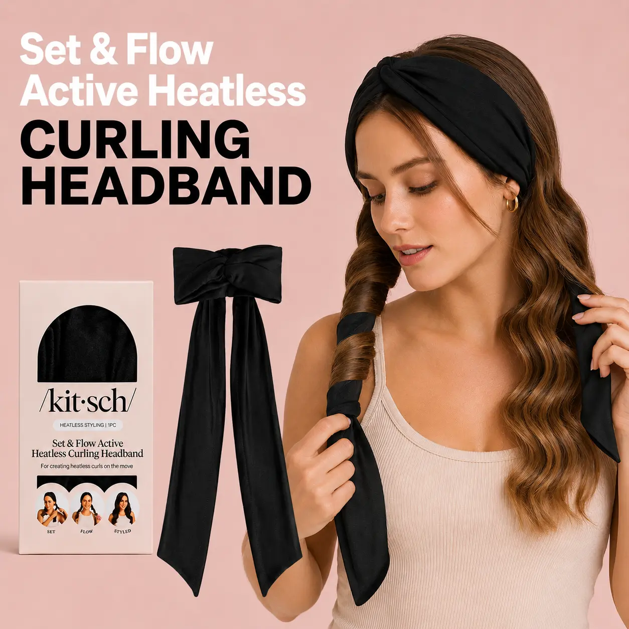 Black Set & Flow Active Curling Headband – Kitsch Heatless Hair Curler for Soft Waves & Curls, Curly Hair Headband, Yoga Hair Band
