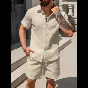 2025 Trend Men 2pcs Set: Single-Breasted Short Sleeve Shirt & Texture Shorts, Cream Outfit Men cozy breathable two-piece outfit