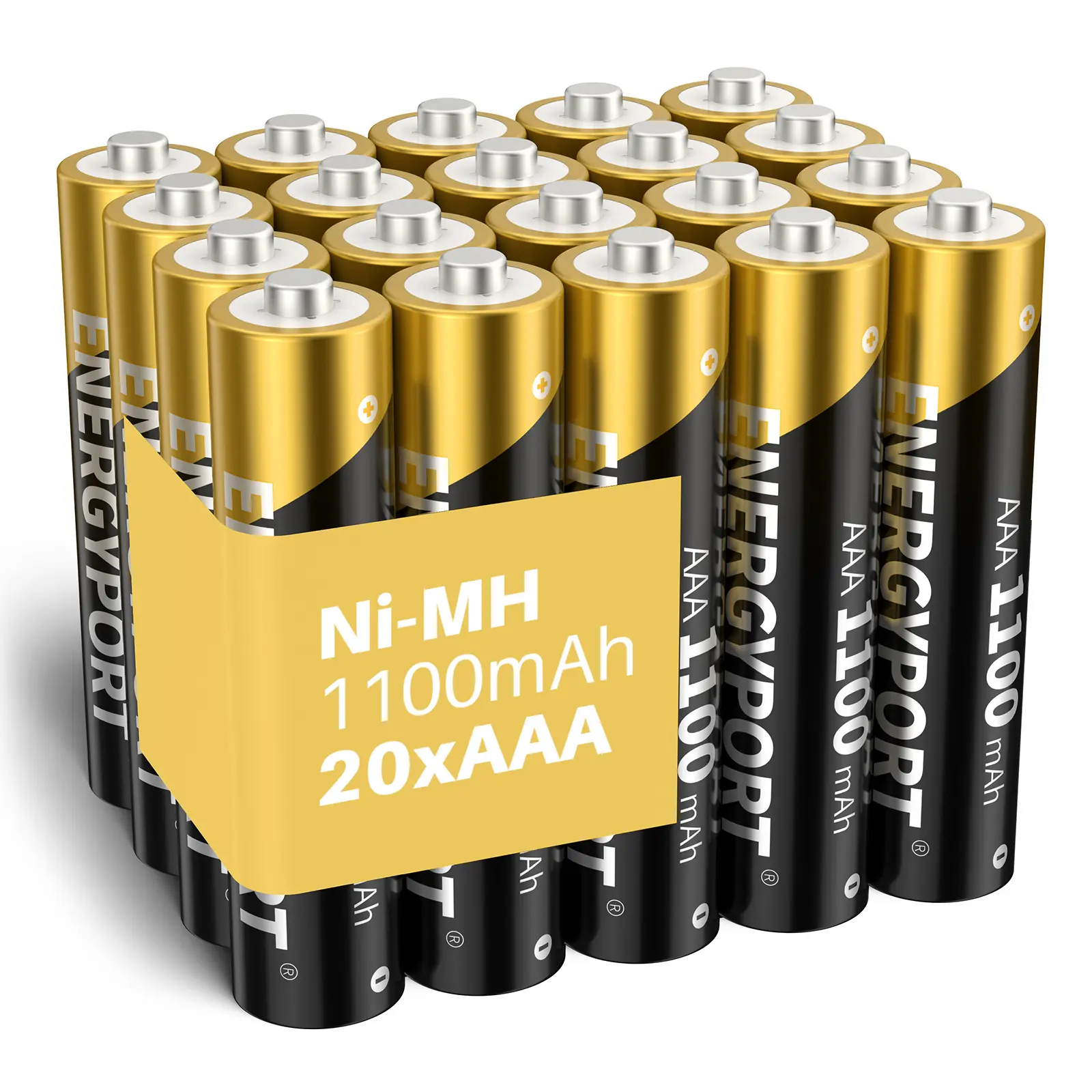 ENERGYPORT 20-Pack Cylindrical AAA Rechargeable Ni-MH Batteries - 1.2V Pre-Charged 1100mAh High Capacity Long Life Replacement Battery, Ni-MH for Long-Lasting Use, Compatible with Household AAA Devices