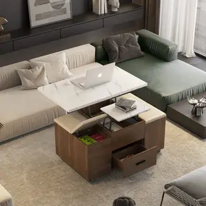 Modern Lift-Up Coffee Table with 4 Stools Set for Living Room Expandable 1 Hidden Storage + 2 Drawers Space Saving Folding Dining Table