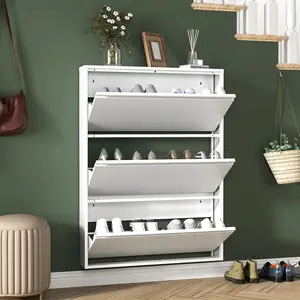 Metal Shoe Cabinet with 3 Flip Drawers, Slim Wall Mounted Steel Shoe Storage Organizer for Entryway, Hallway and Mudroom, White