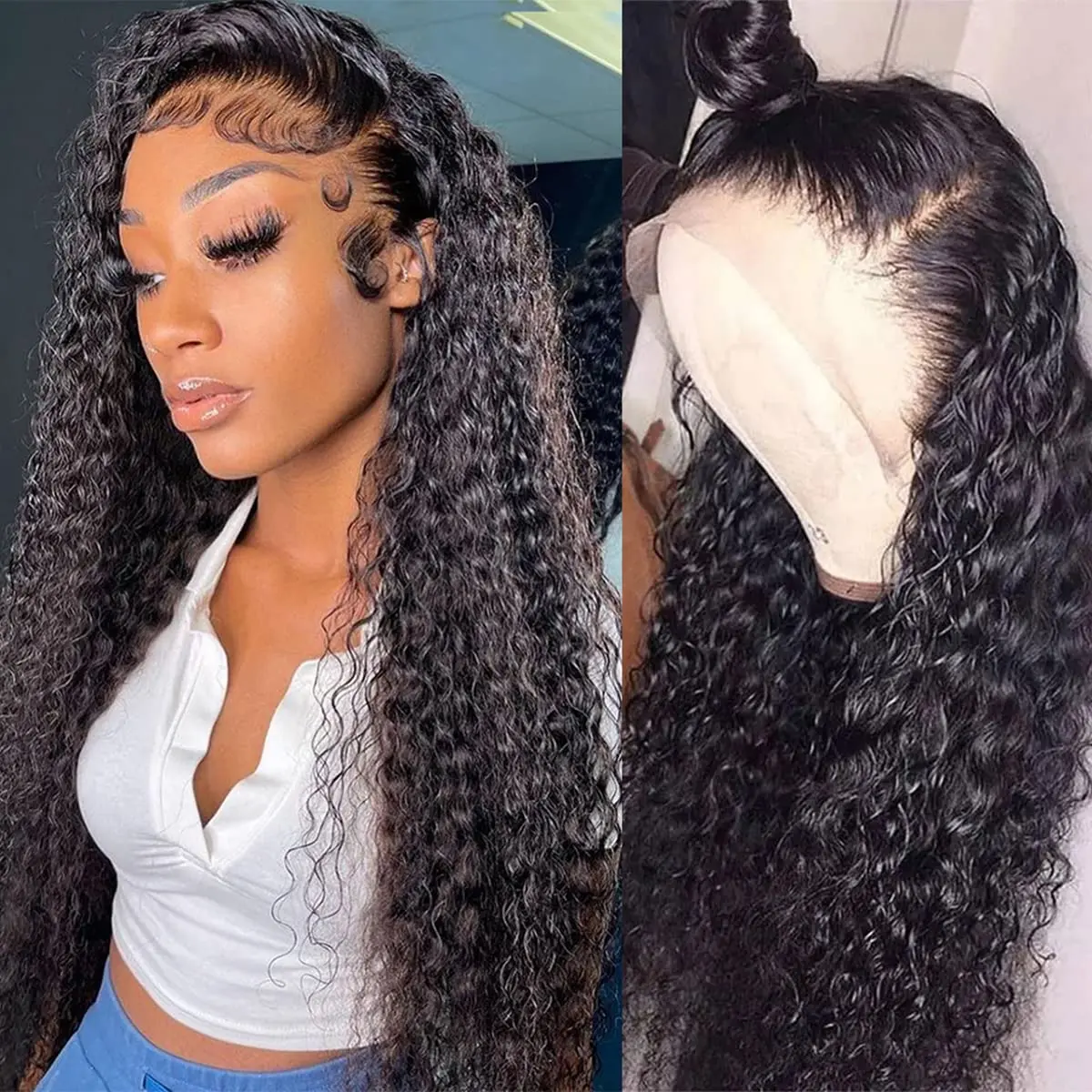 24 Inch Long Loose Curly Wave Frontal Wig Glueless 13x4 Free Part Lace - Pre Plucked Natural Black Hair System with Heat Resistant Fibers, 180% Density for African Women, Daily & Party Wear